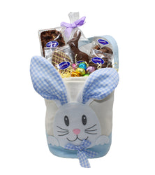Blue Easter Bunny Bucket Basket filled with Easter themed chocolate treats