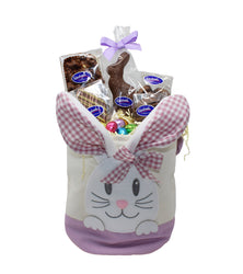Purple Easter Bunny Bucket Basket filled with Easter themed chocolate treats