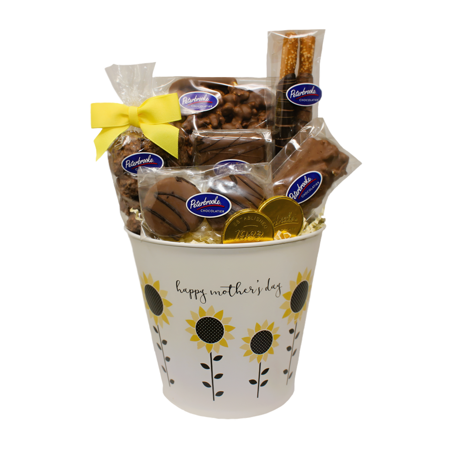 Happy Mother’s Day floral gift bucket filled with Peterbrooke chocolate covered popcorn, Pretzel Pals, Rocky Road, Oreos, grahams, chocolate dipped pretzel rods, and seasonal chocolate foils.