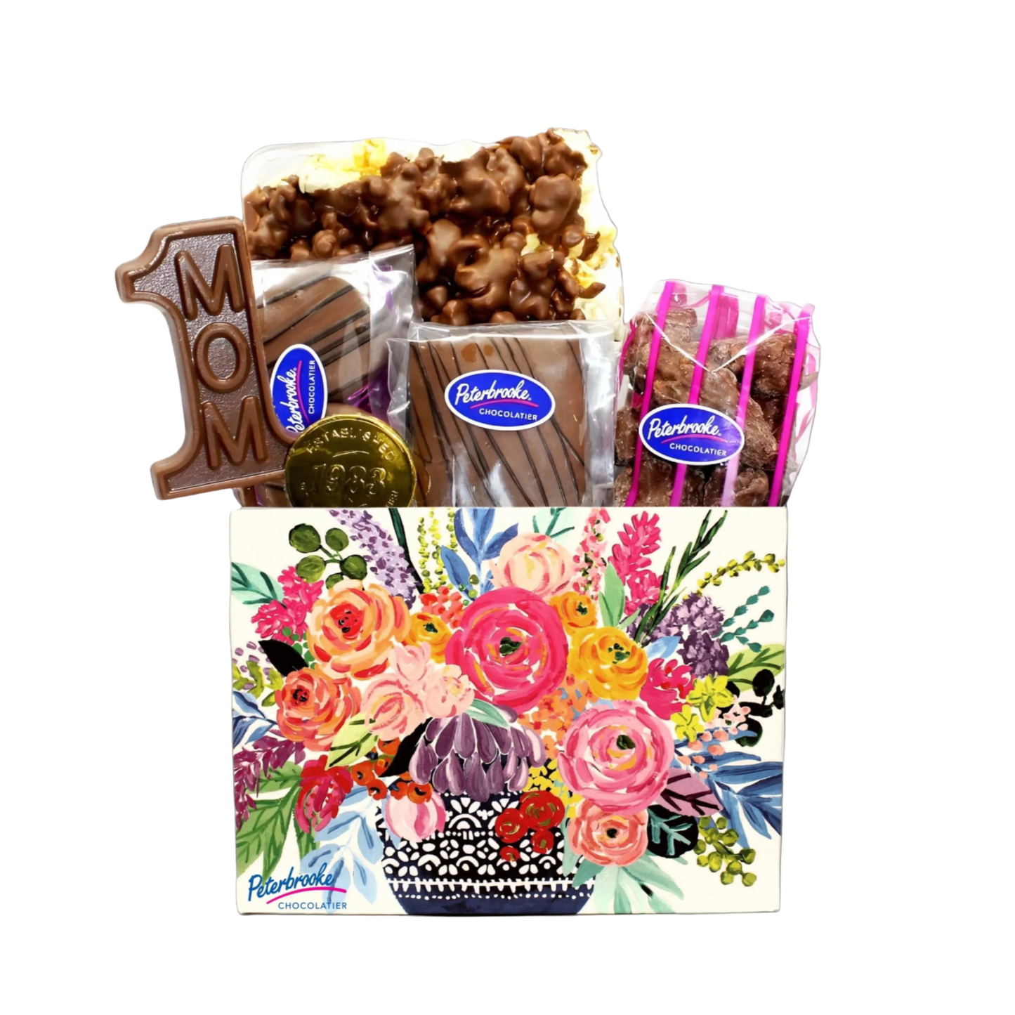 Chocolate treats with a floral box and '1 MOM' chocolate bar on a white background