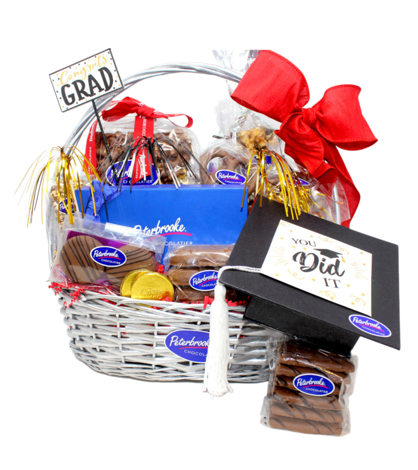 Graduation gift basket with treats and 'You Did It' sign on a white background