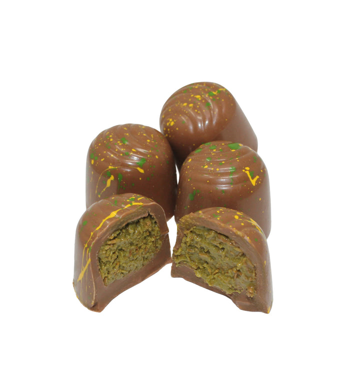 Handmade Gourmet Dubai Truffle 8-Piece Sleeve – Milk Chocolate Pistachio Tahini Ganache