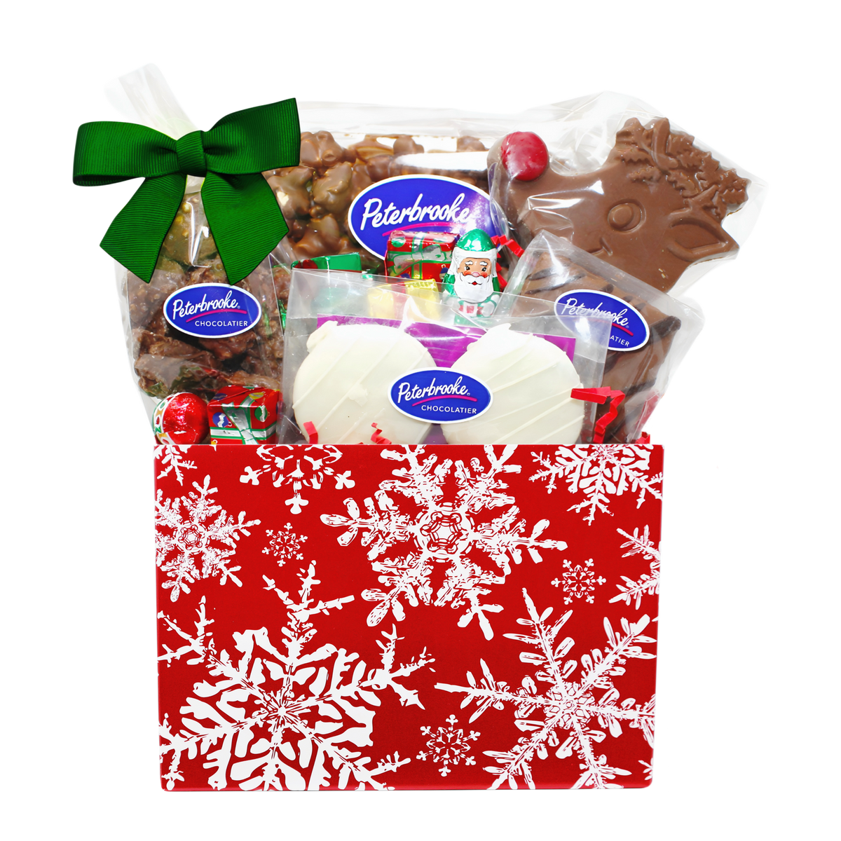 Christmas themed basket of assorted chocolate treats