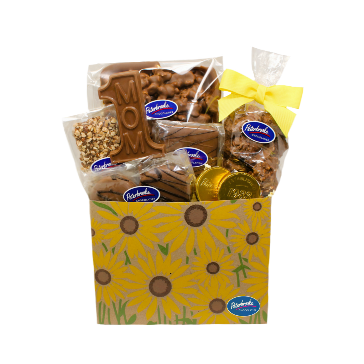 Mother’s Day sunflower gift box filled with Peterbrooke chocolate covered popcorn, pretzel pals, Oreos, grahams, toffee, chocolate foils, and Number 1 Mom chocolate pop.