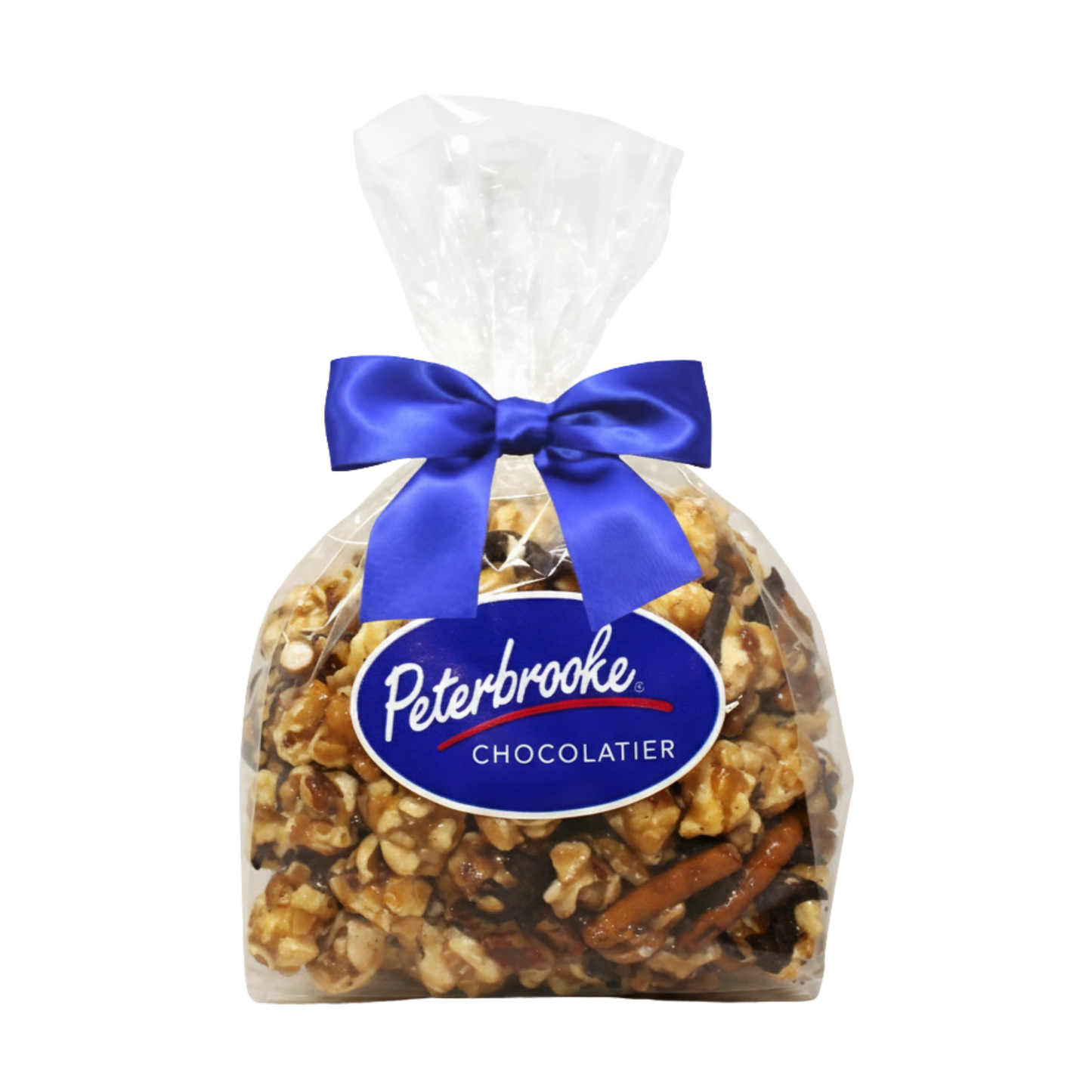 Packaged Caramel Corn Mix with a blue bow and Peterbrooke Chocolatier label on a white background