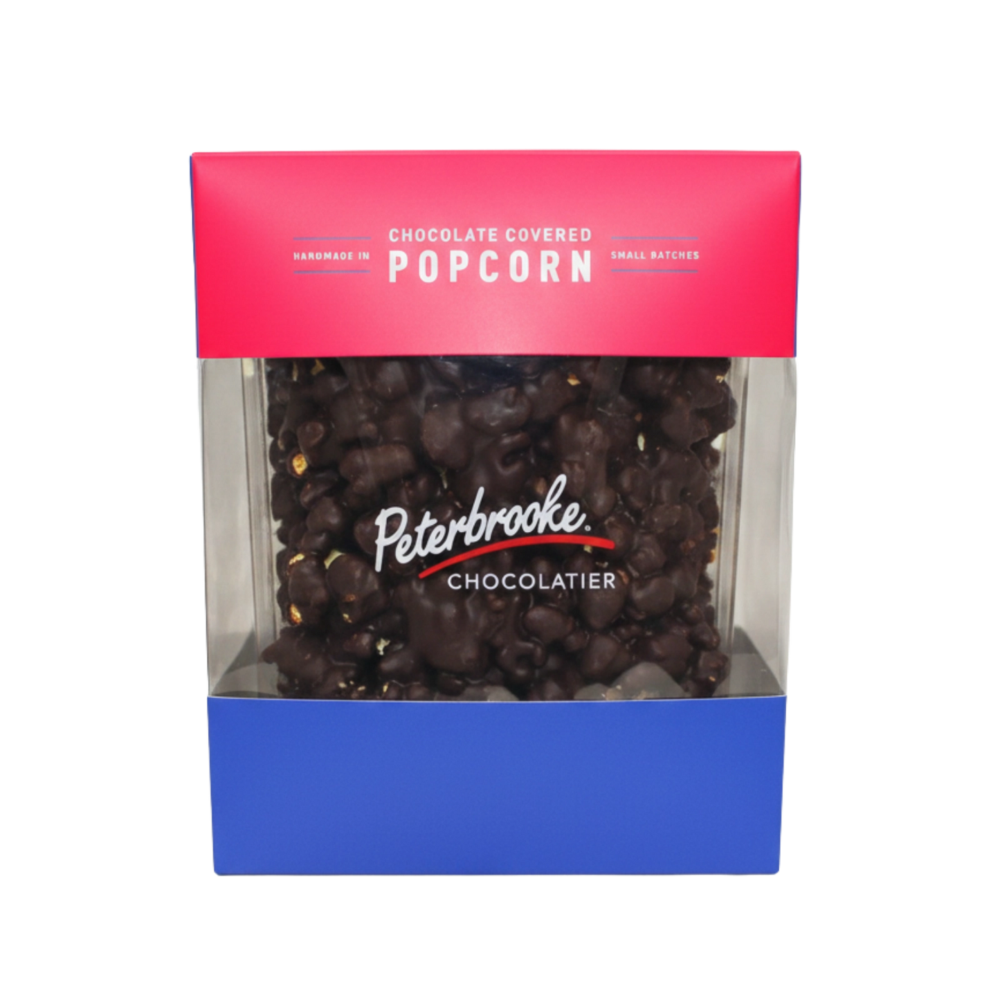 A box of dark chocolate covered popcorn by Peterbrooke Chocolatier, with a clear window displaying the chocolate covered popcorn inside.