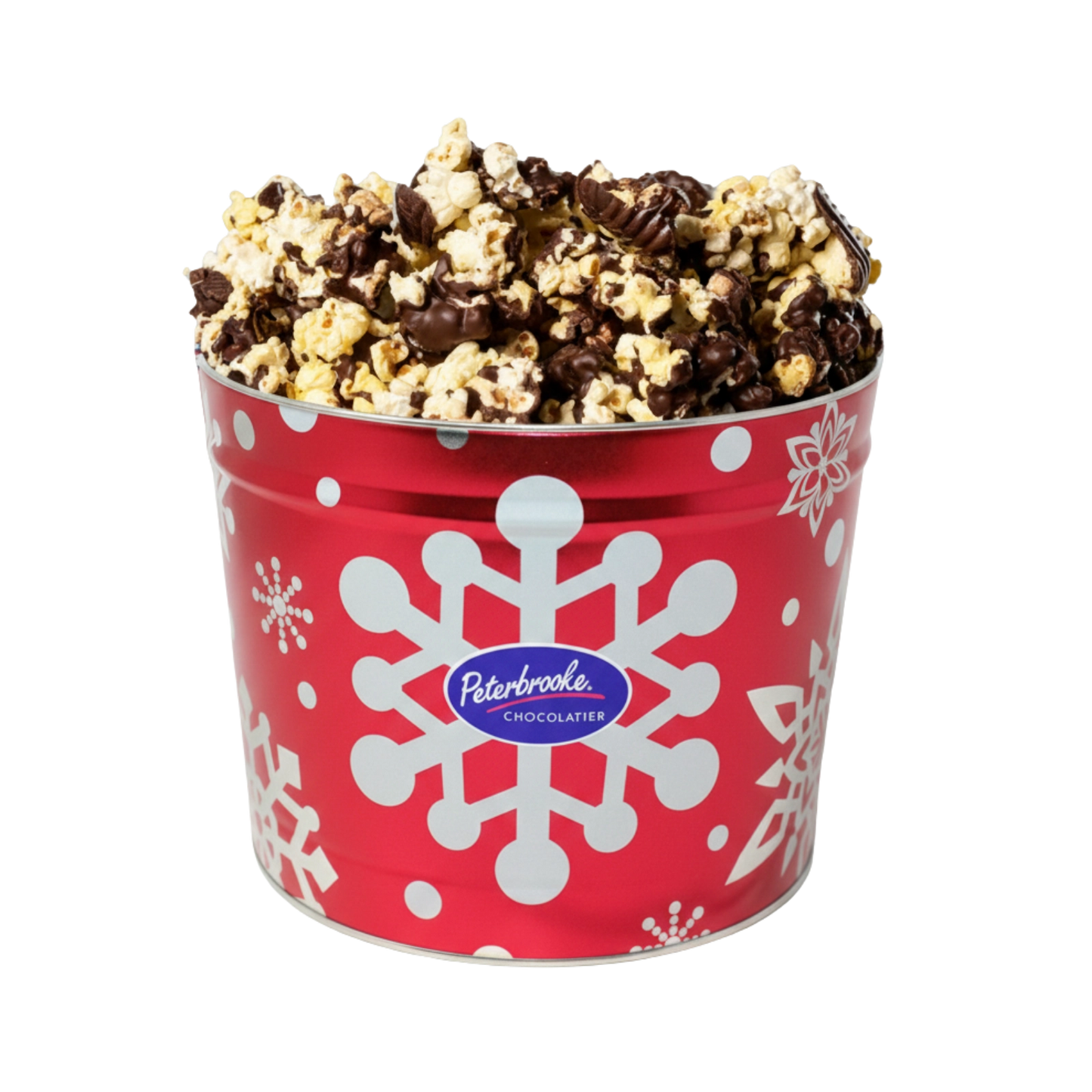 Dark Chocolate Covered Popcorn in holiday tin
