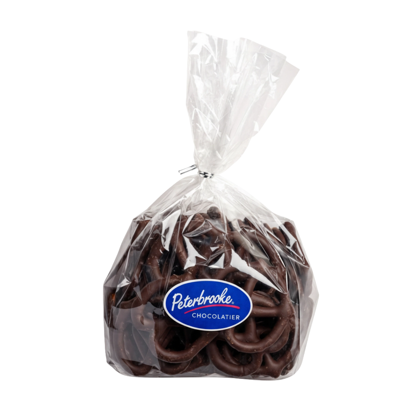 Dark Chocolate Covered Pretzel Twists in clear bag