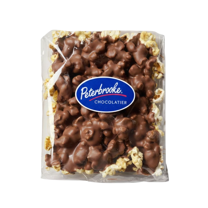 Milk Chocolate Covered Popcorn 12 oz clear bag
