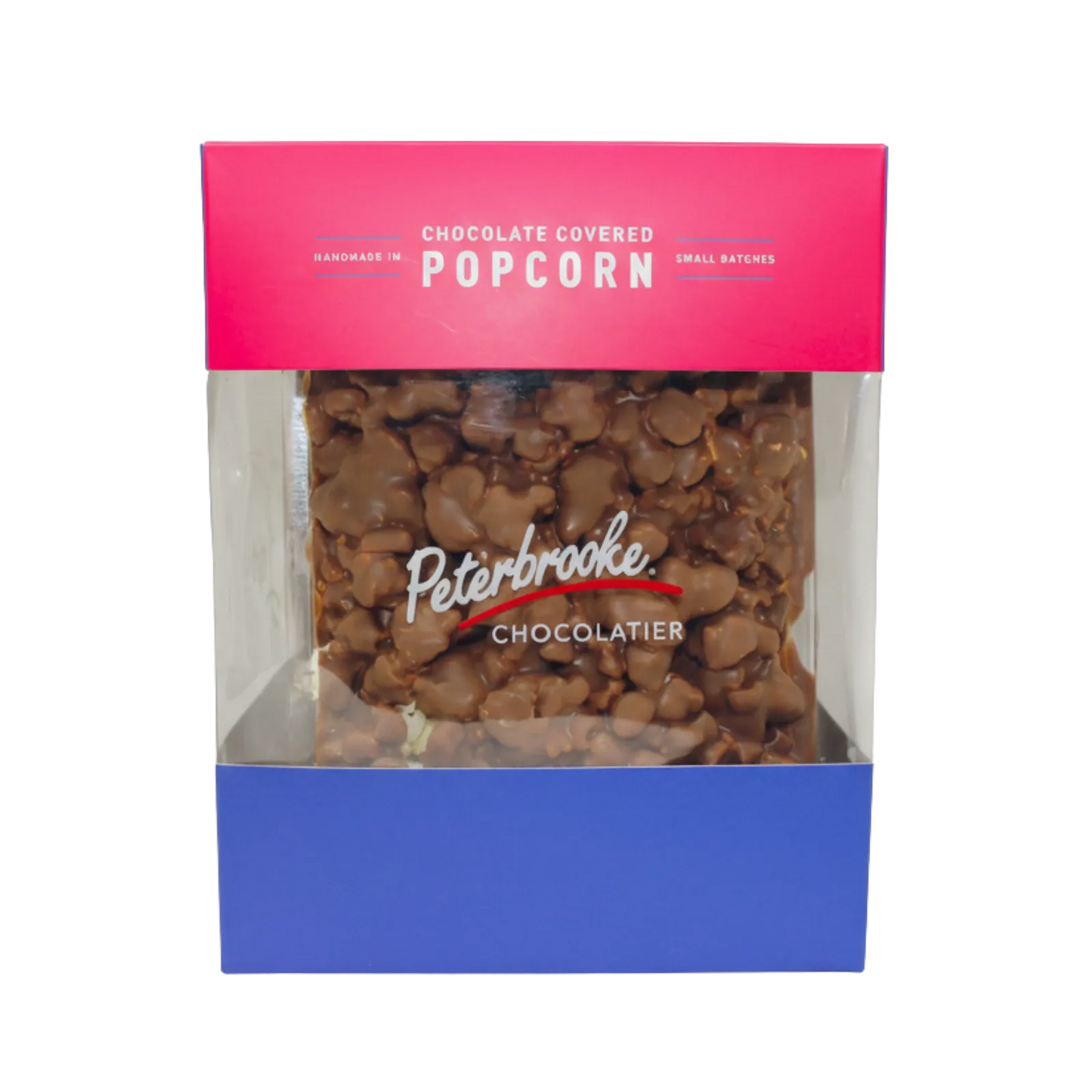 A box of milk chocolate covered popcorn by Peterbrooke Chocolatier, visible through a transparent window.