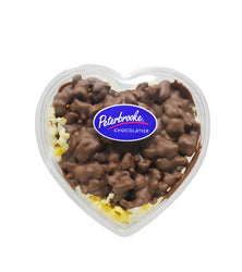 Heart shaped tray of milk chocolate covered popcorn