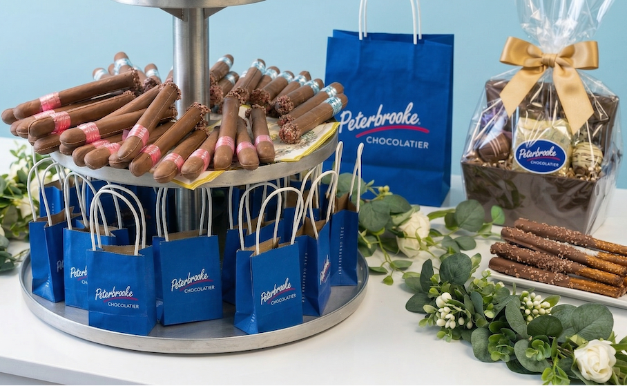 Peterbrooke Chocolatier Catering Display with chocolate cigards, pretzel rods and goodie bags