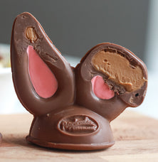 chocolate bunny ears cut open to reveal peanut butter