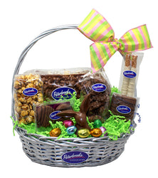 Silver Easter-themed wicker basket filled with chocolate products