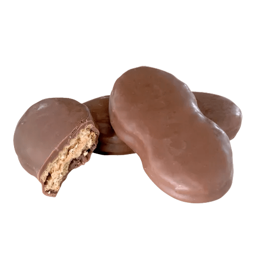 Broken in half nutter butter cookie covered in milk chocolate