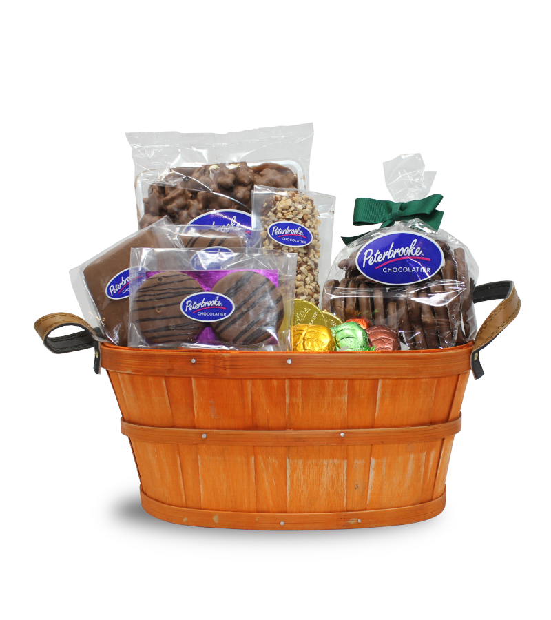 Orange fall chocolate gift basket filled with assorted Peterbrooke treats