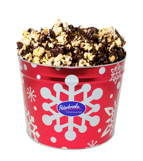 Dark Chocolate Covered Popcorn Tin – Red Snowflake Holiday Tin, 42 oz